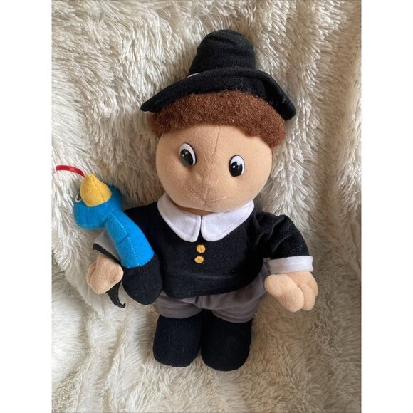 VTG Sugar Loaf Plush Pilgrim Boy With Bird made 1991 Stuffed Thanksgiving - Picture 1 of 4